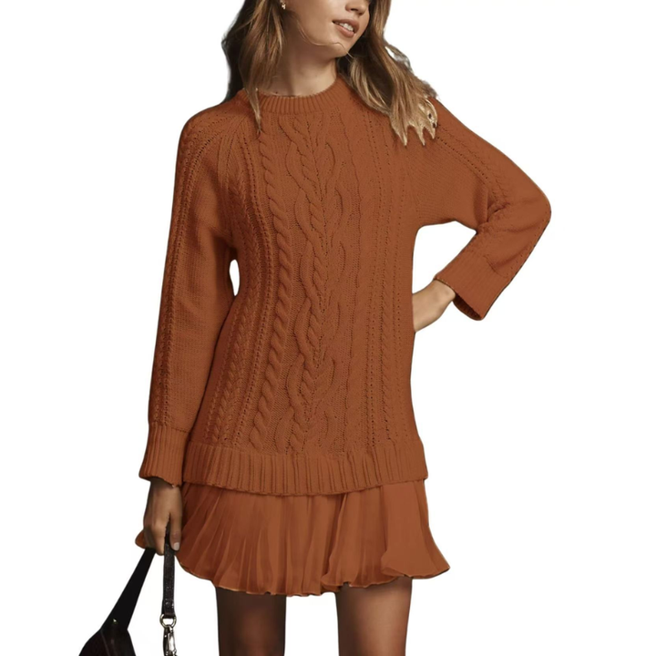 Elara™ | Cable Knit Sweater Dress with Pleated Hem