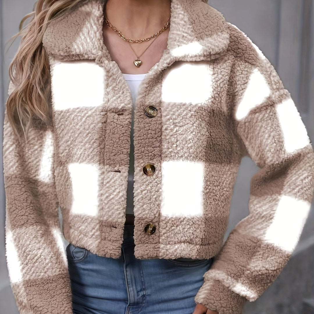 Alyssa Cropped Plaid Teddy Jacket Button-Front Spread Collar