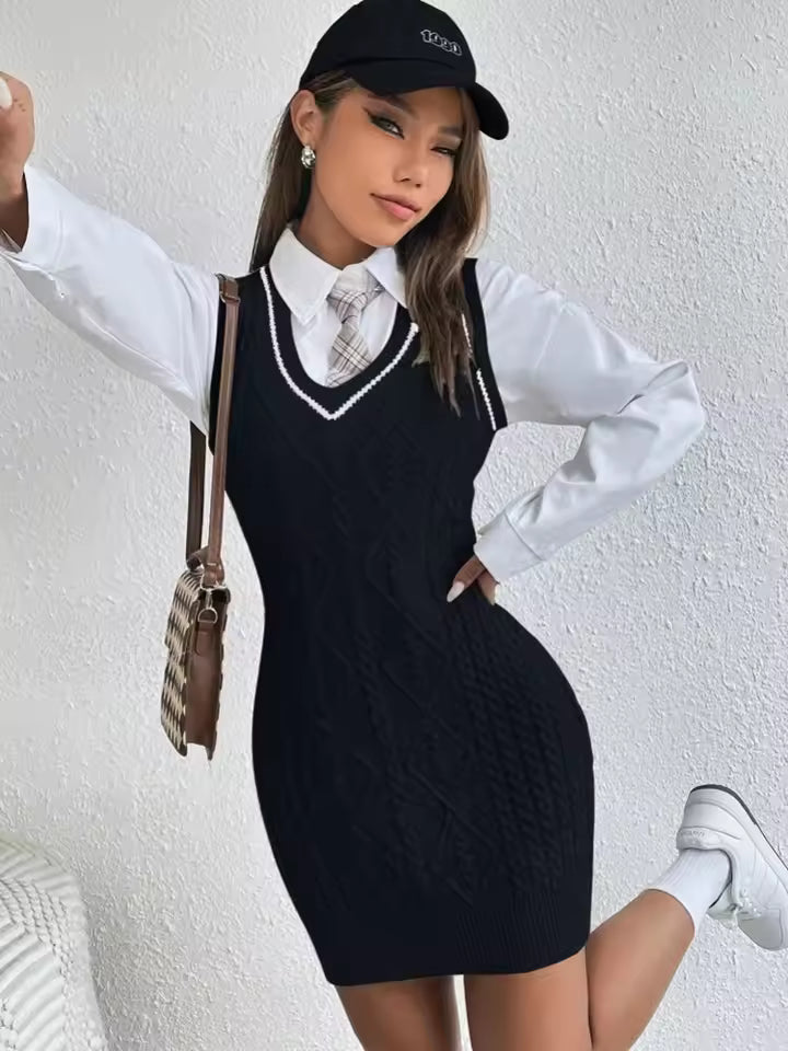 Amelia Cable-Knit Sweater Dress V-Neck Tie-Styled