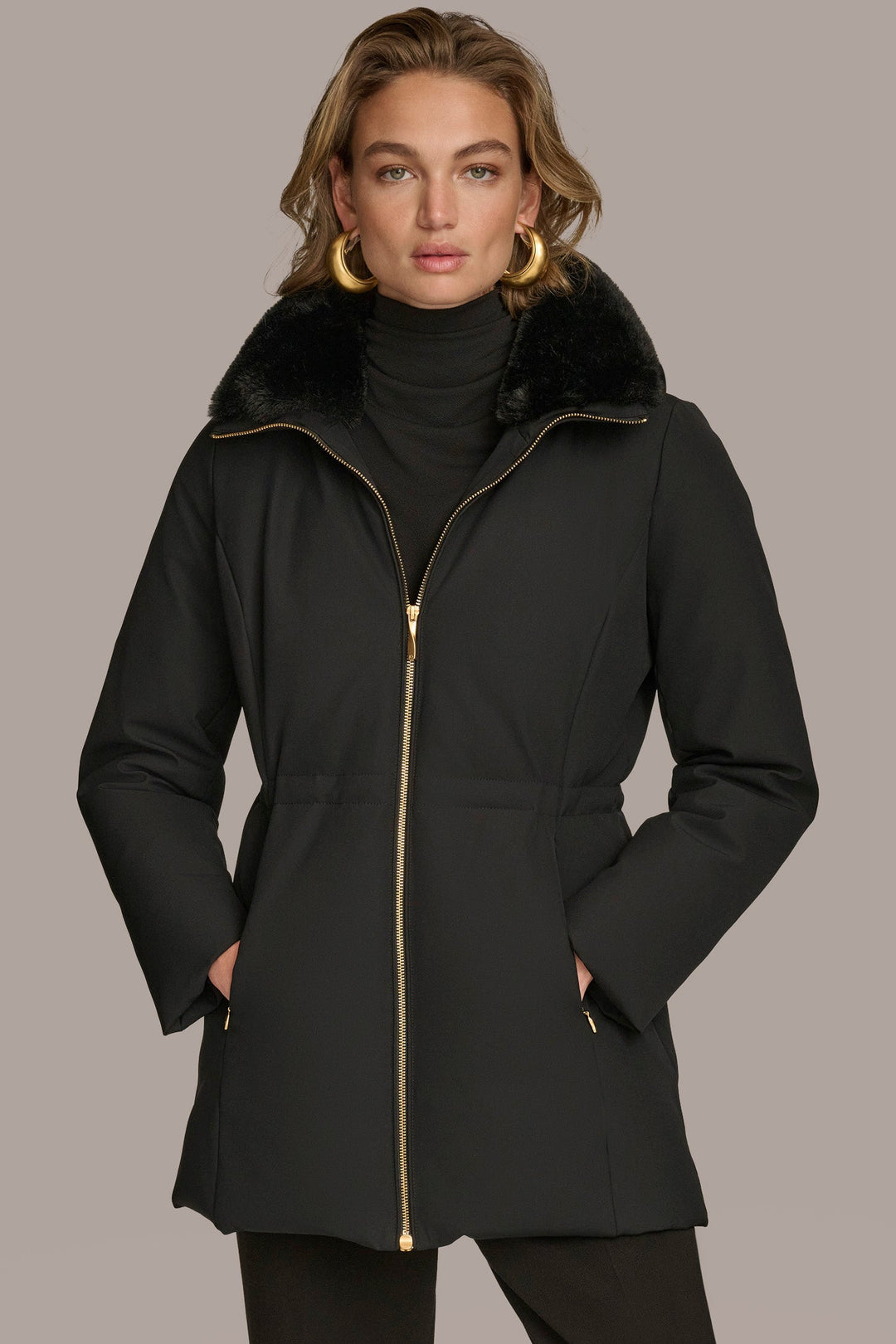 FAUX FUR COLLAR HOODED COAT