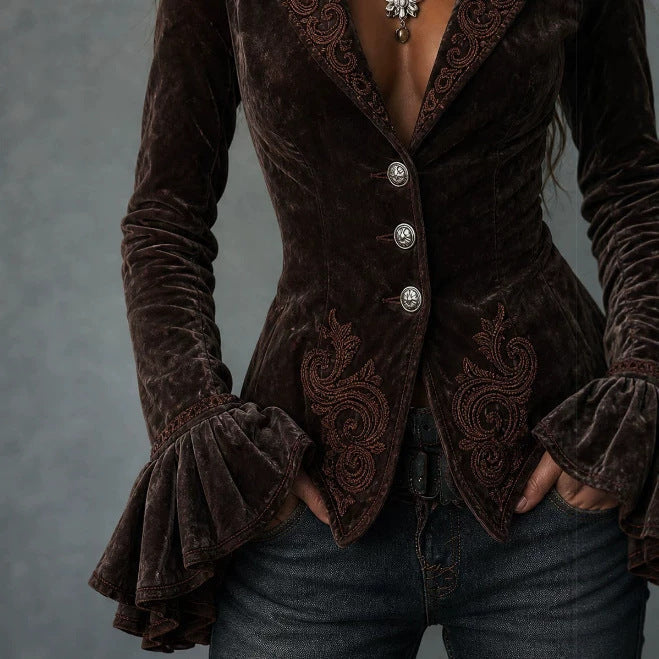Rosalind™ | Vintage Embroidered Velvet Blazer with Ruffle Cuffs