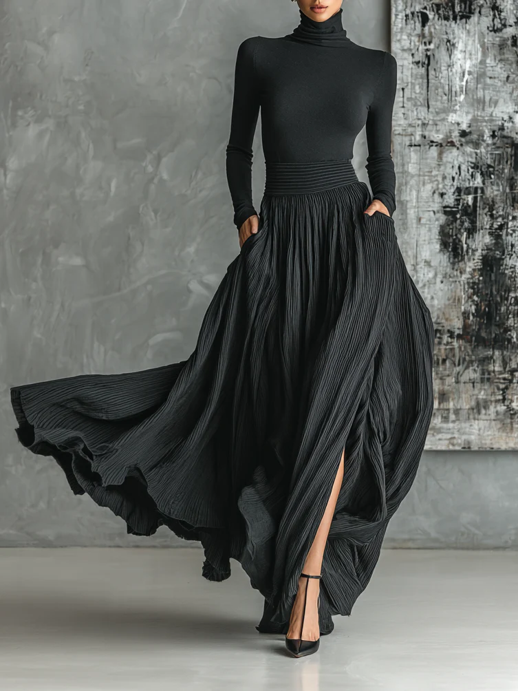Cybele™ Black Turtleneck &amp; Pleated Skirt Set