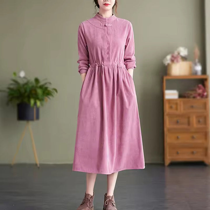 Adele Corduroy Midi Dress Stand-Collar Drawstring-Waist