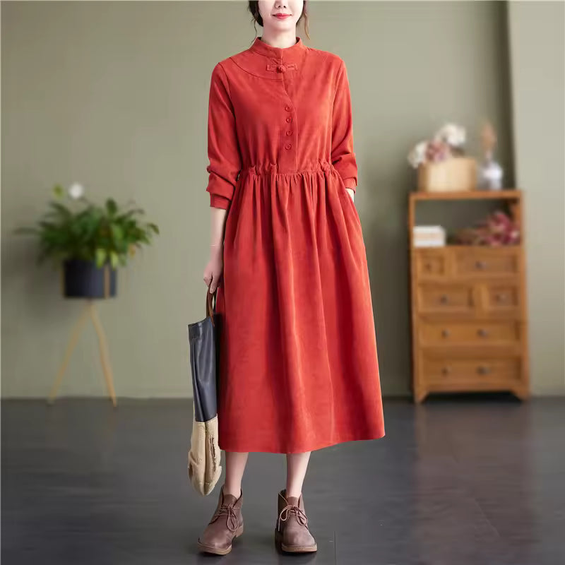 Adele Corduroy Midi Dress Stand-Collar Drawstring-Waist