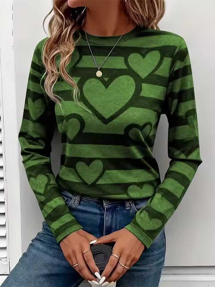 Amelia Heart-Print Striped Long-Sleeve T-Shirt Crewneck Relaxed Fit