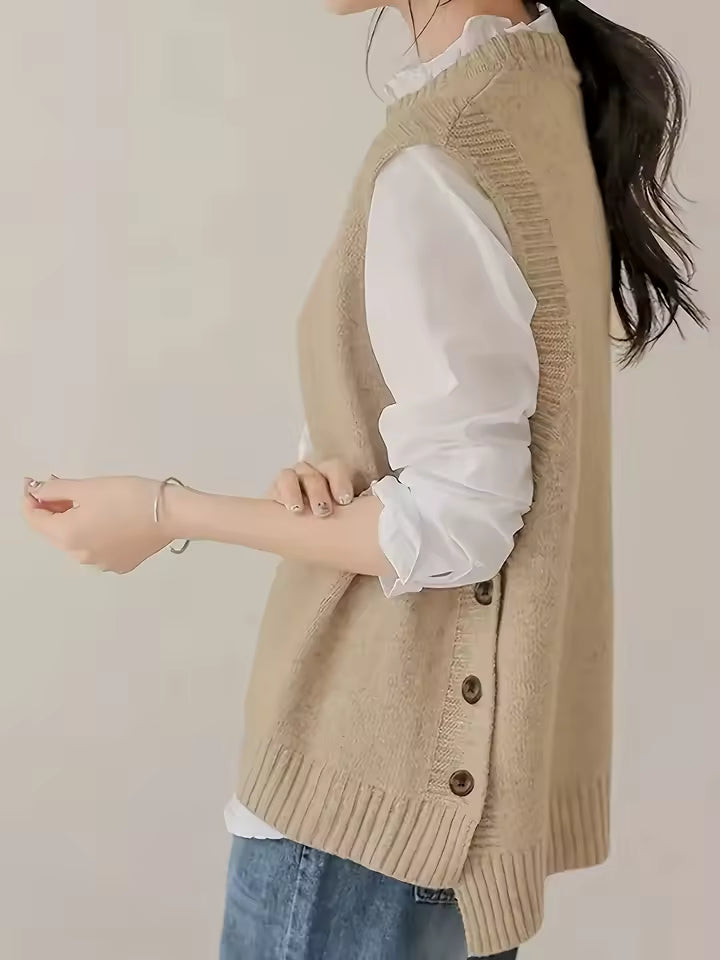 Audrey Knit Sweater Vest Sleeveless Side-Button Crewneck