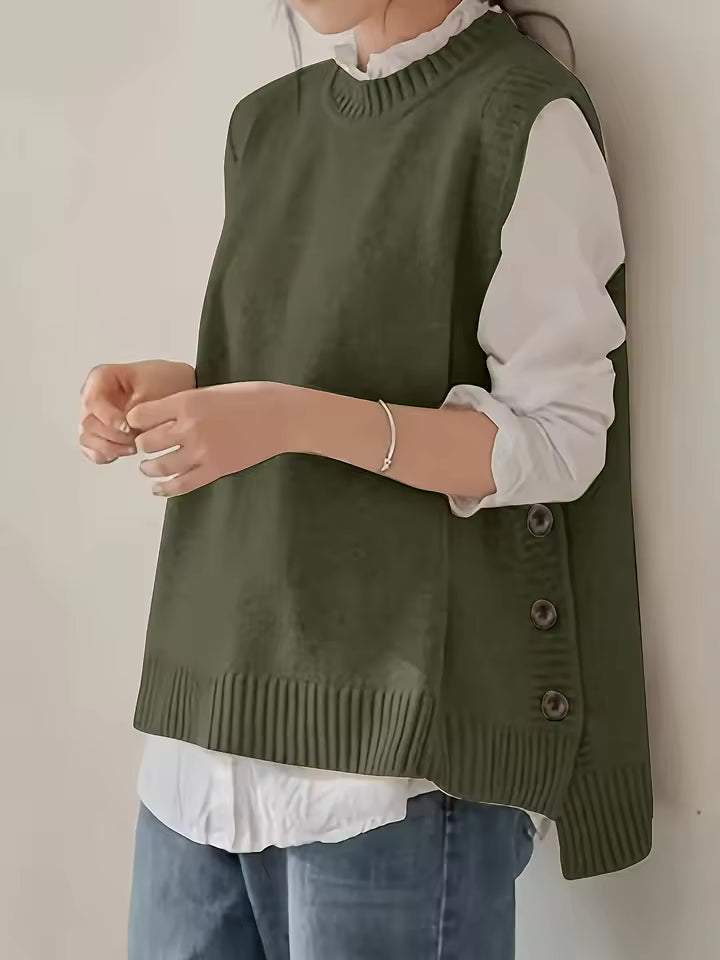 Audrey Knit Sweater Vest Sleeveless Side-Button Crewneck