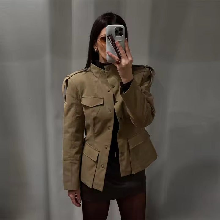 Audrey Faux-Leather Stand-Collar Jacket Covered Buttons Flap Pockets