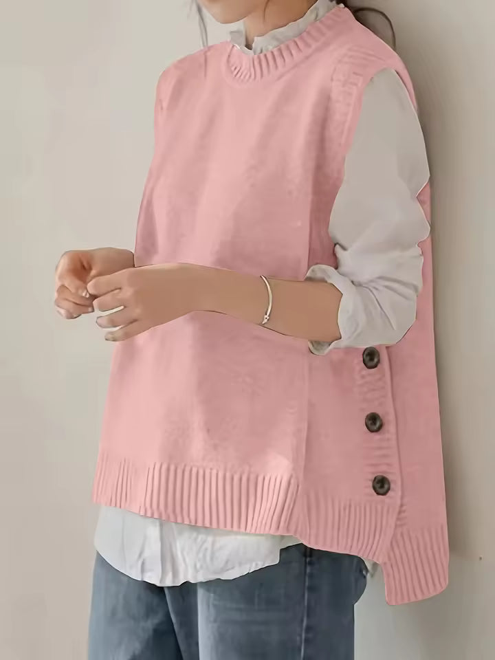 Audrey Knit Sweater Vest Sleeveless Side-Button Crewneck