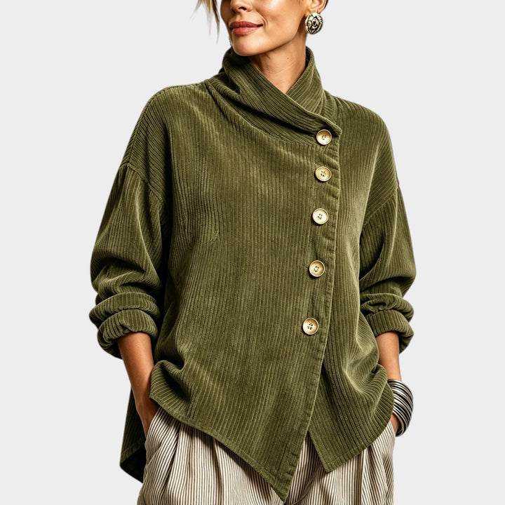 Women’s Corduroy Cardigan Top Funnel Neck Asymmetric Hem