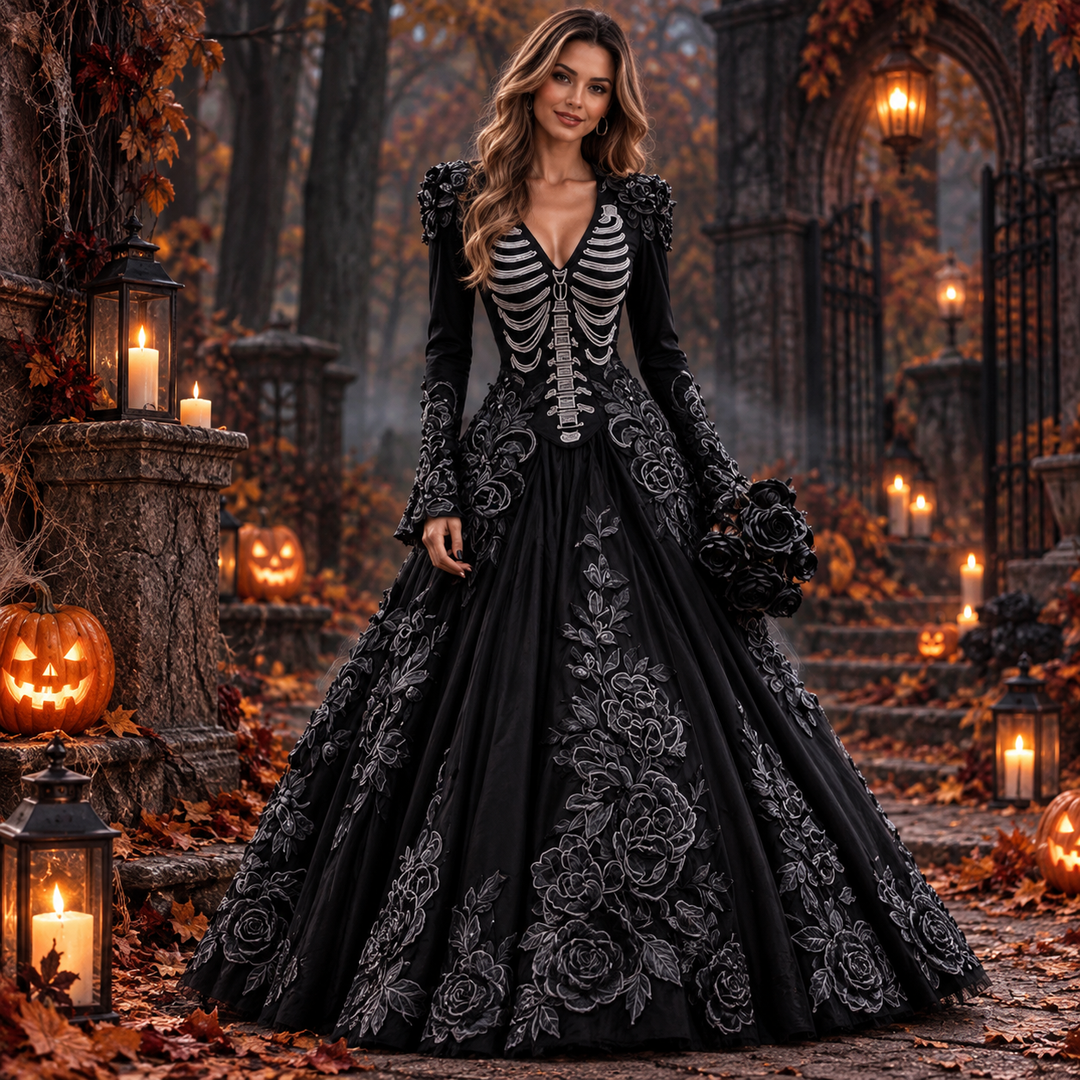 Morticia | Women’s V-Neck Long-Sleeve Skeleton Embroidered Gothic Halloween Gown